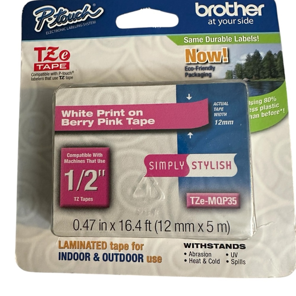Brother TZ-MQP35 Tape for P-Touch Labelers White on Berry Pink 0.47” x 16.4' NEW